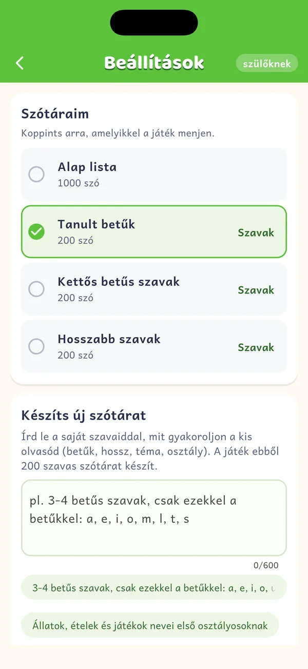 Saját szótárak a Beállításokban